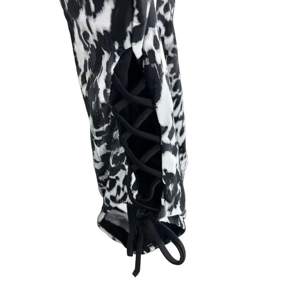 Bar III Heat Wave Push Up Black White Lace Up One Piece Swimsuit Medium